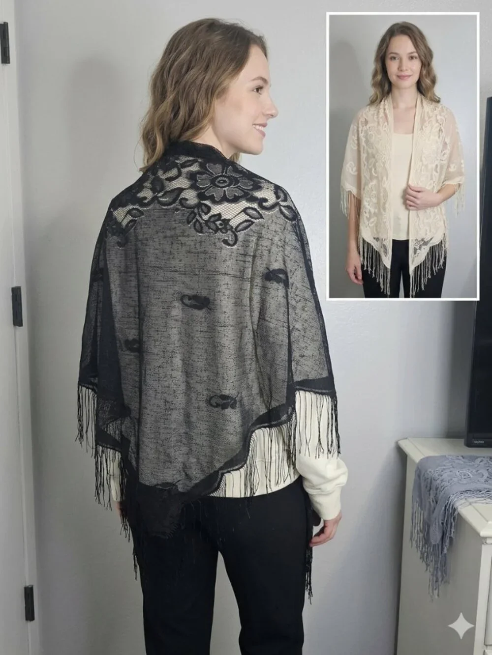 NWOT Unbranded 3 PC Bundle Floral Lace Fringe Shawls - Boho Bikini Cover Up Set - Picture 2 of 7